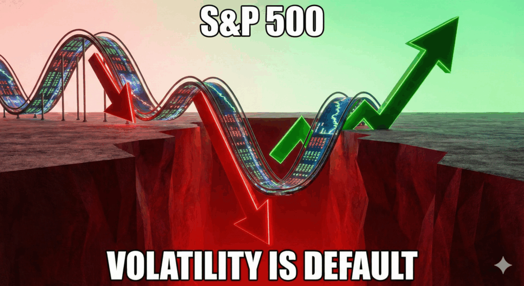 S&P 500 지수의 롤러코스터 변동성과 우상향을 표현한 이미지