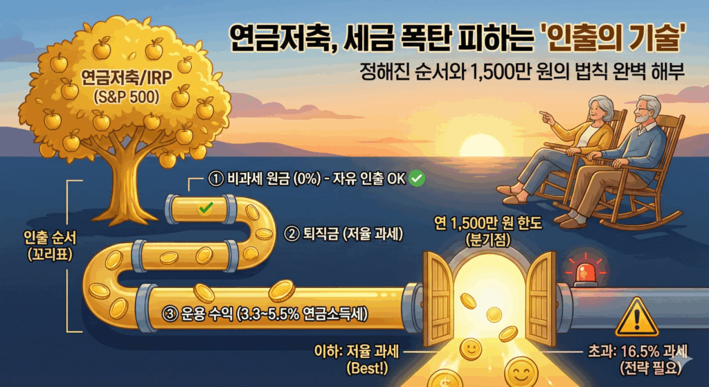 "연금저축 인출 순서와 세금 폭탄 피하는 법 일러스트."