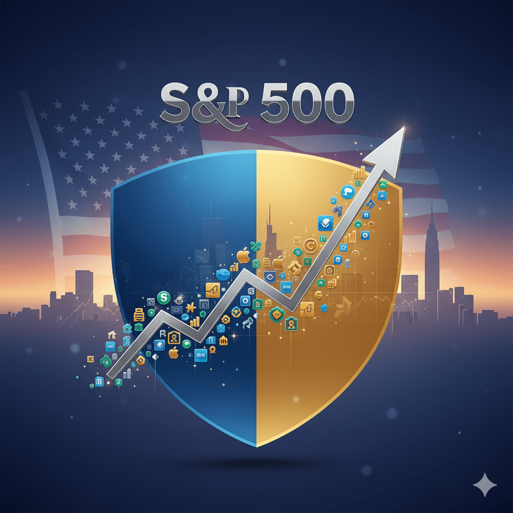 S&P500 지수의 장기 성장과 미국 우량주 500개 기업의 안정성을 나타내는 심볼 이미지