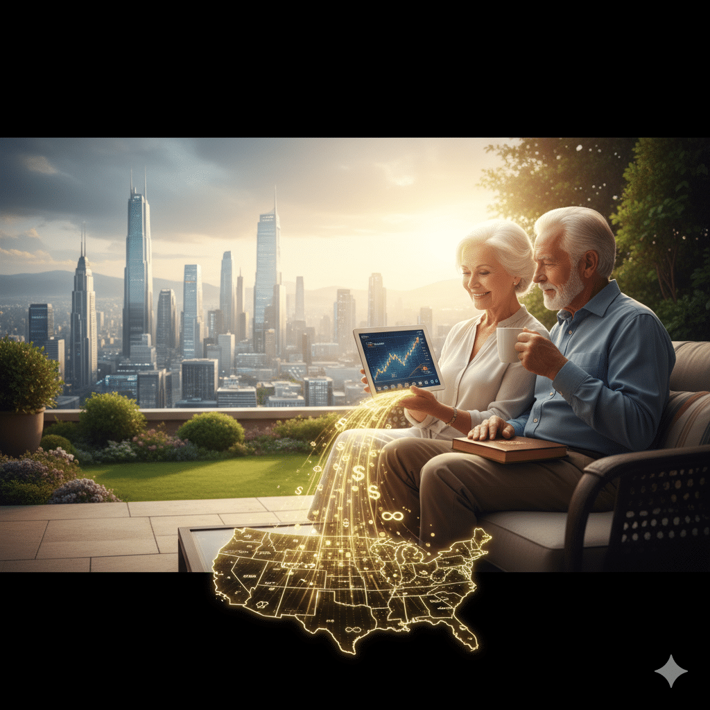 S&P 500 평생 운용으로 경제적 자유를 누리는 노부부와 도시 야경