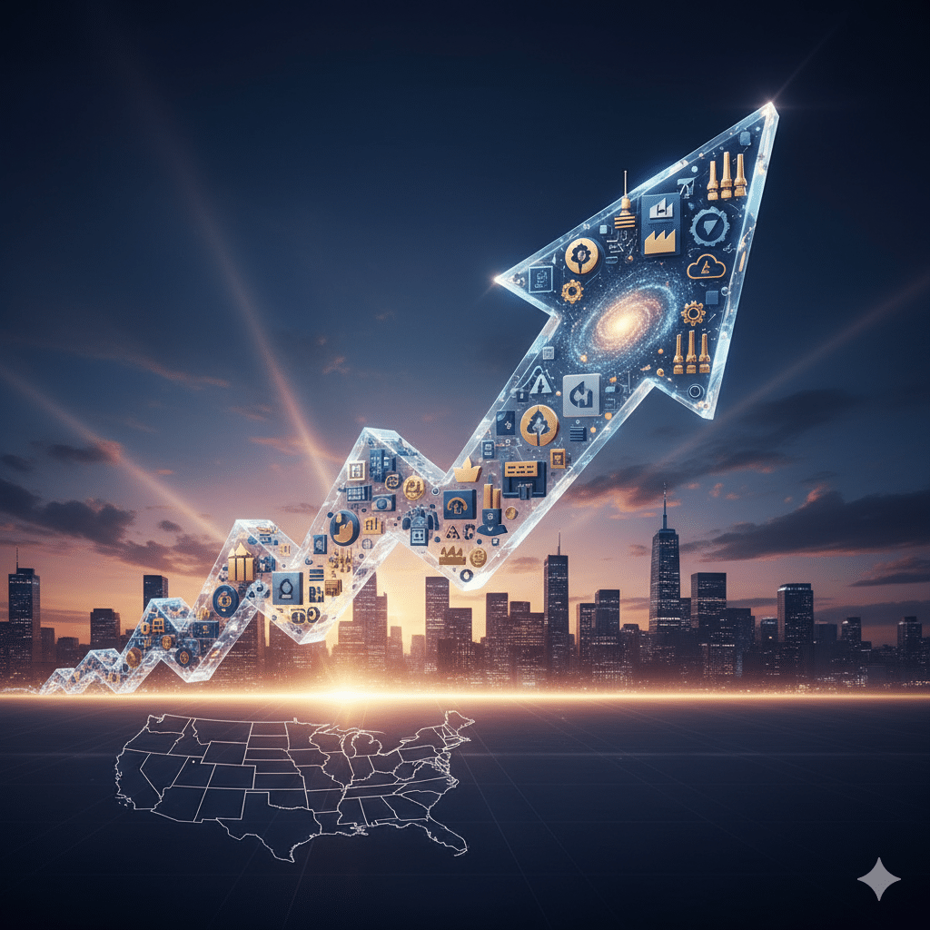 S&P 500 지수의 장기적인 성장과 미국 경제를 상징하는 이미지