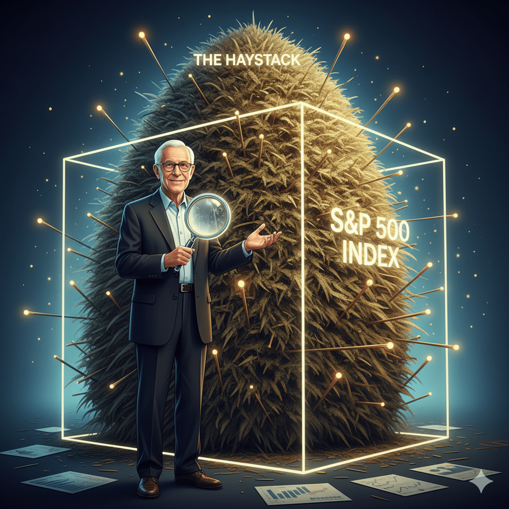 S&P 500 건초더미 이론을 설명하는 존 보글 일러스트