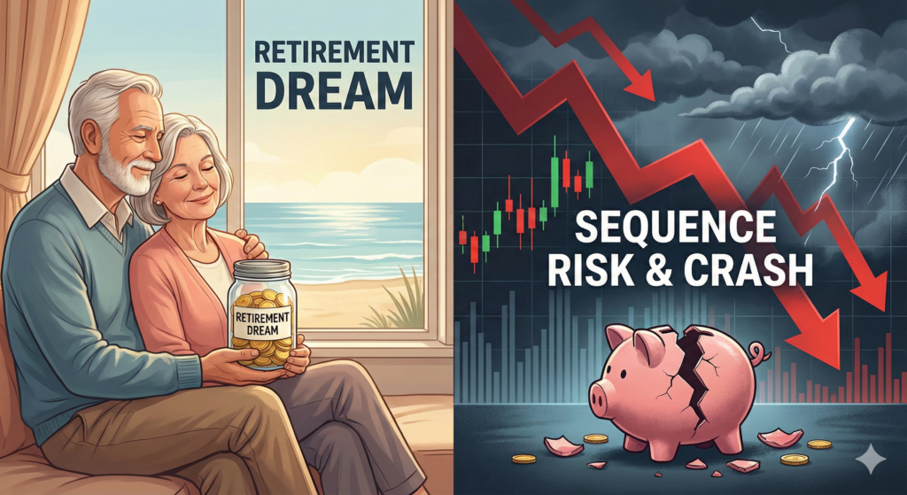 "은퇴 직전 주식 폭락으로 절망하는 모습과 안전한 인출 전략으로 여유로운 노후를 보내는 모습의 대비."