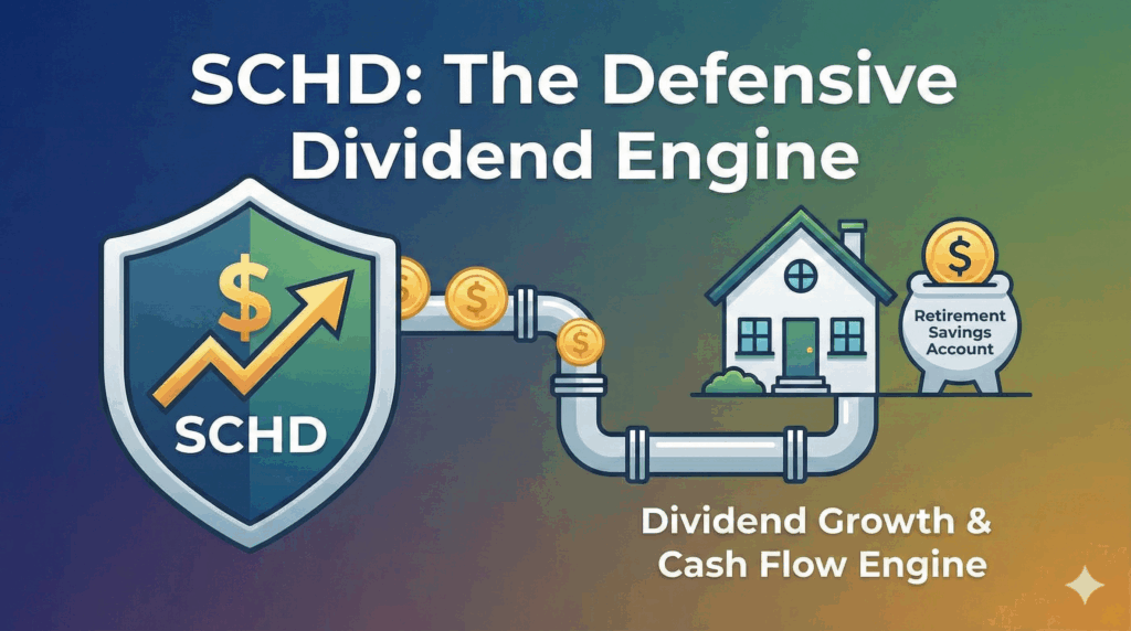 "SCHD의 배당 성장 구조와 은퇴 자산 축적 과정을 묘사한 일러스트."