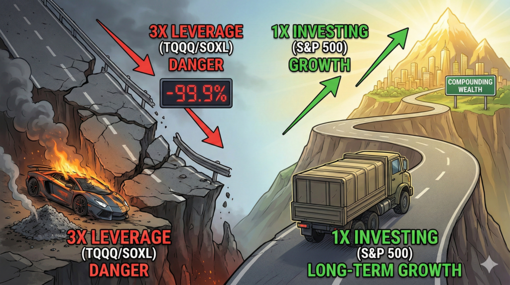 "3배 레버리지 ETF의 계좌 삭제 위험과 1배수 인덱스 펀드의 꾸준한 성장을 대조하는 일러스트."