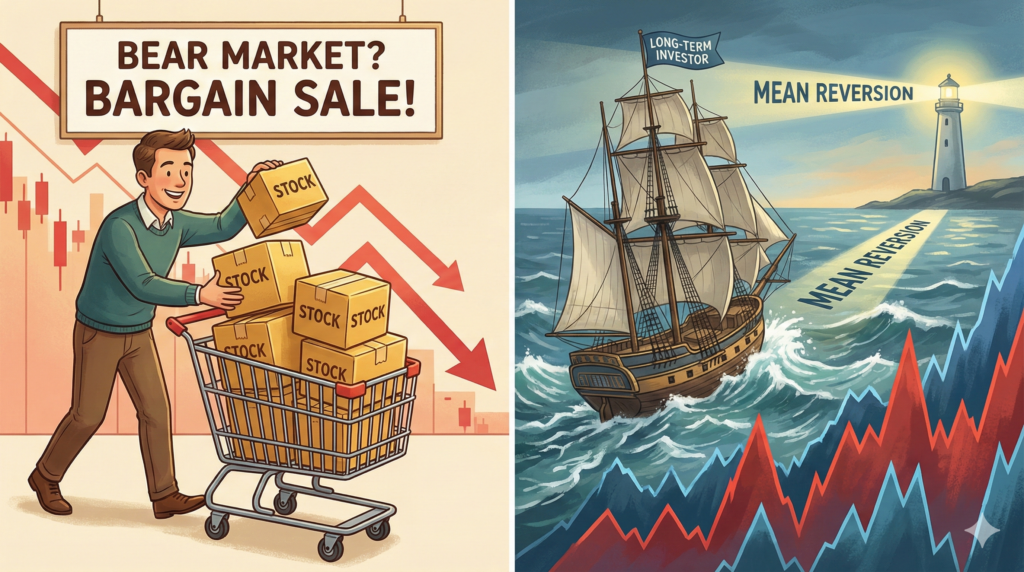 하락장을 바겐세일로 활용하는 투자자와 평균 회귀를 믿고 항해하는 장기 투자자 일러스트