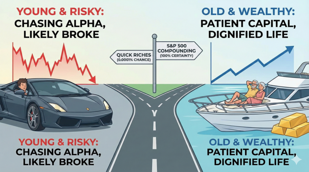 "젊어서 무리한 투자로 파산하는 길과 젊어서 인내하여 노후에 부자가 되는 길을 대조하는 일러스트."