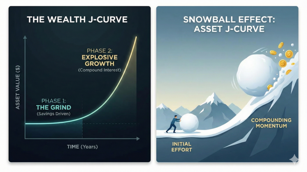 월급이 시간을 거쳐 1억 원 자산과 S&P 500 주식으로 성장하는 복리 투자 과정을 시각화한 인포그래픽.
