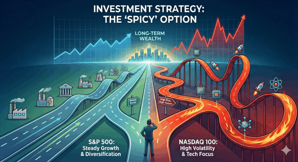 "S&P 500과 나스닥 100 투자 전략 비교 일러스트."